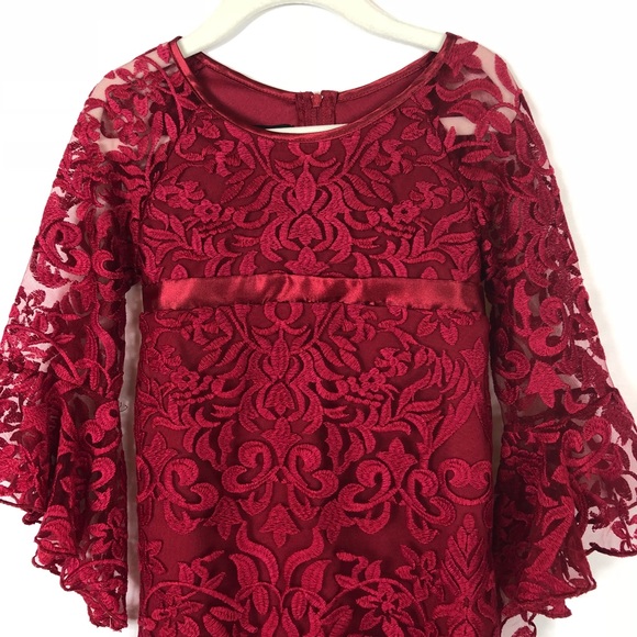 NWT Biscotti Red Floral Lace Bell Sleeve Dress Size 5 - Picture 3 of 8